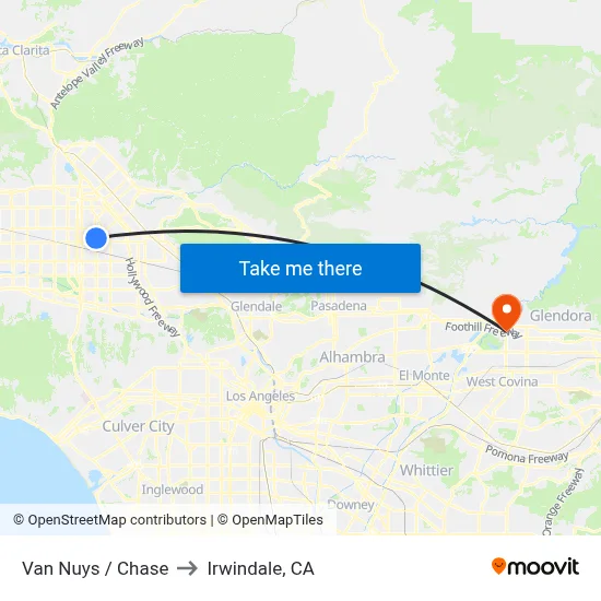 Van Nuys / Chase to Irwindale, CA map