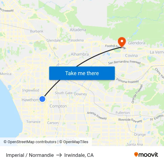 Imperial / Normandie to Irwindale, CA map