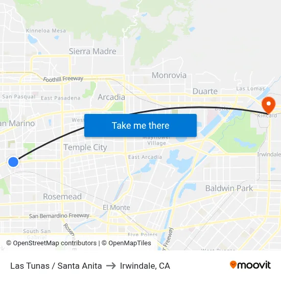 Las Tunas / Santa Anita to Irwindale, CA map