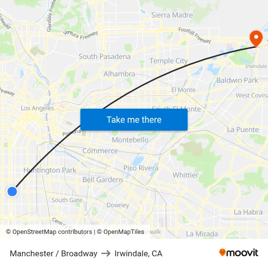 Manchester / Broadway to Irwindale, CA map