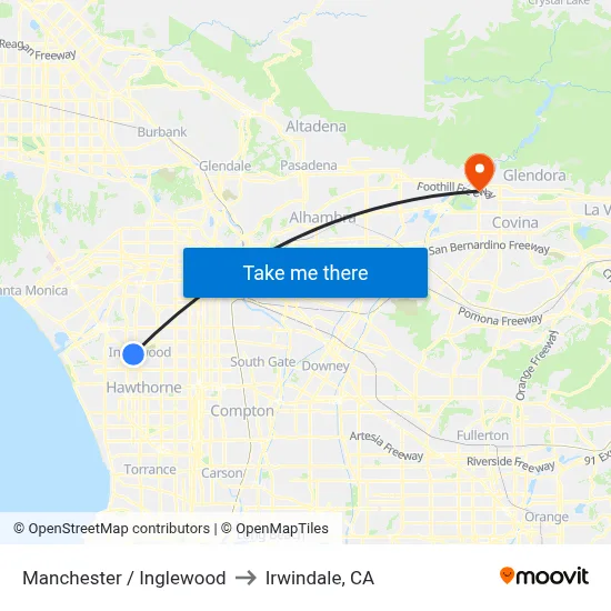 Manchester / Inglewood to Irwindale, CA map