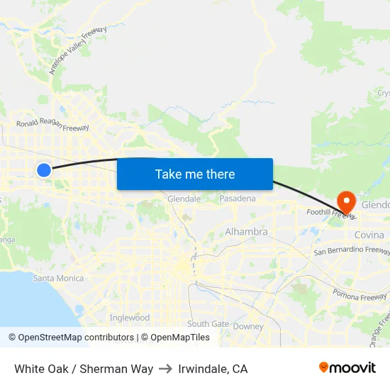 White Oak / Sherman Way to Irwindale, CA map