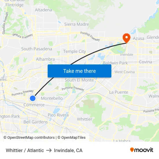 Whittier / Atlantic to Irwindale, CA map