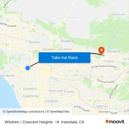 Wilshire / Crescent Heights to Irwindale, CA map