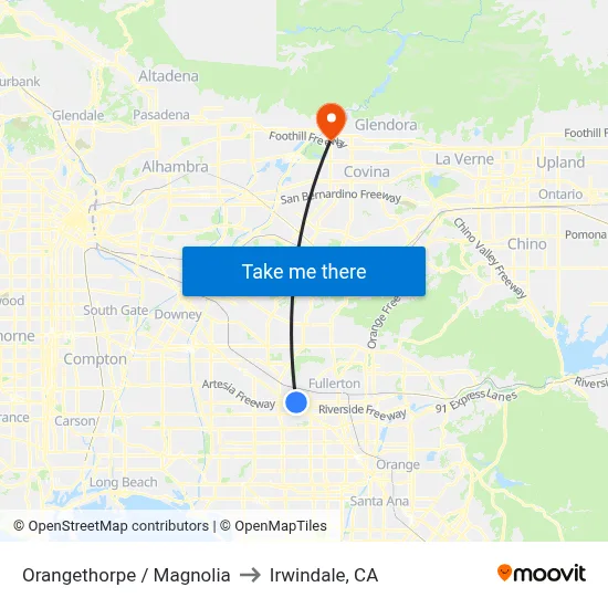 Orangethorpe / Magnolia to Irwindale, CA map