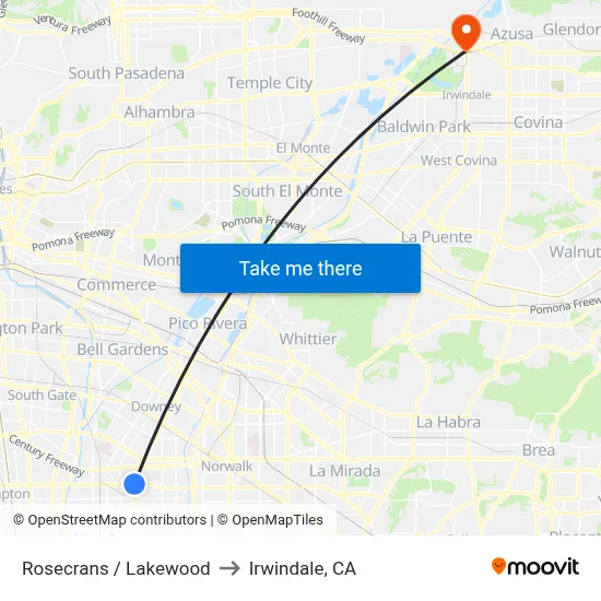 Rosecrans / Lakewood to Irwindale, CA map