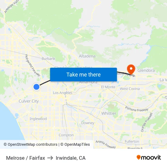 Melrose / Fairfax to Irwindale, CA map
