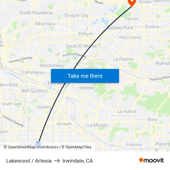 Lakewood / Artesia to Irwindale, CA map