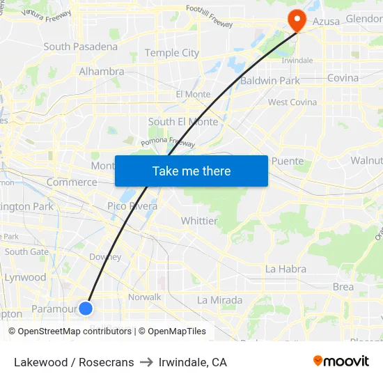Lakewood / Rosecrans to Irwindale, CA map