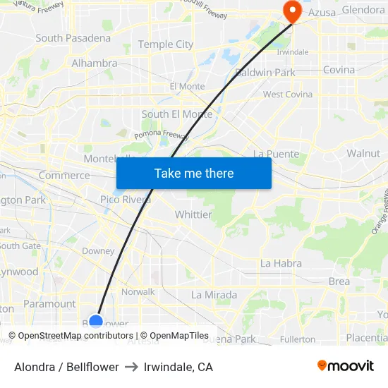 Alondra / Bellflower to Irwindale, CA map