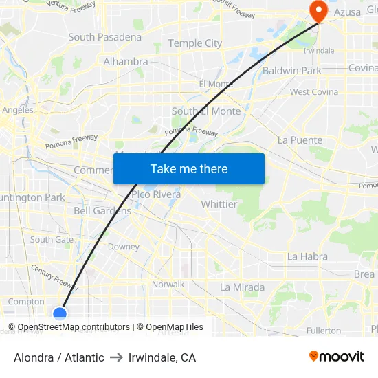 Alondra / Atlantic to Irwindale, CA map