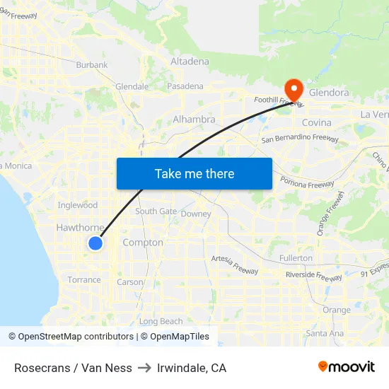 Rosecrans / Van Ness to Irwindale, CA map
