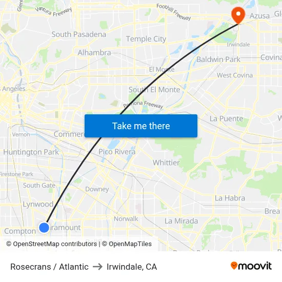 Rosecrans / Atlantic to Irwindale, CA map