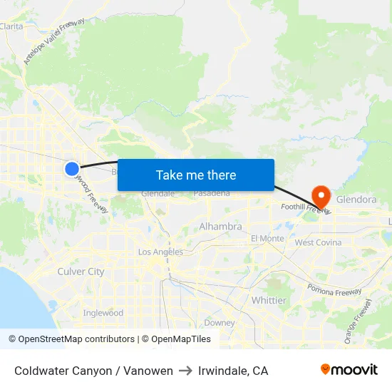 Coldwater Canyon / Vanowen to Irwindale, CA map