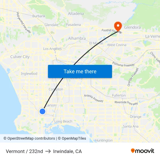 Vermont / 232nd to Irwindale, CA map