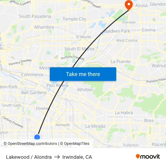 Lakewood / Alondra to Irwindale, CA map