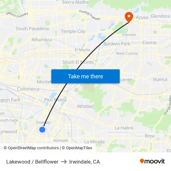 Lakewood / Bellflower to Irwindale, CA map