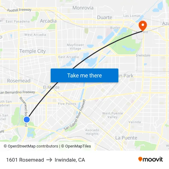 1601 Rosemead to Irwindale, CA map