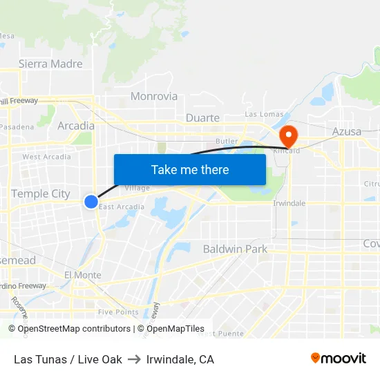 Las Tunas / Live Oak to Irwindale, CA map