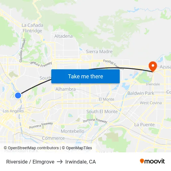 Riverside / Elmgrove to Irwindale, CA map