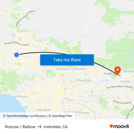 Roscoe / Balboa to Irwindale, CA map