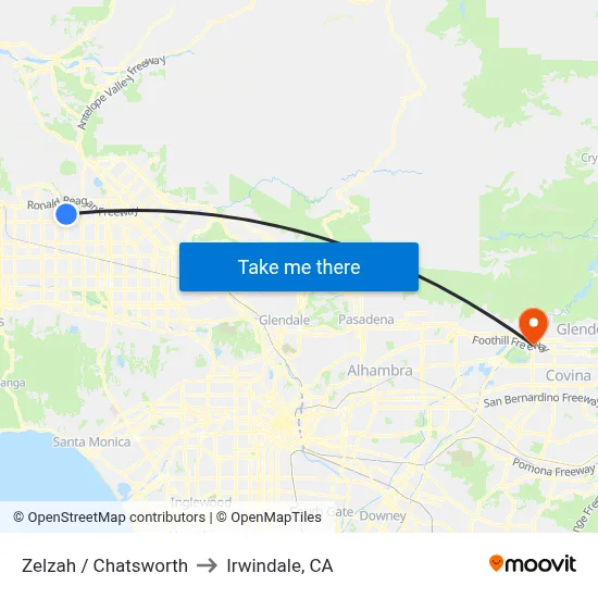 Zelzah / Chatsworth to Irwindale, CA map