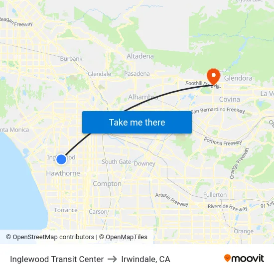 Inglewood Transit Center to Irwindale, CA map