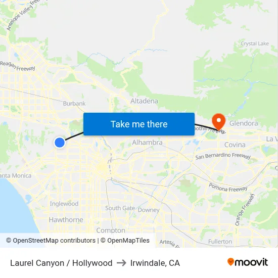 Laurel Canyon / Hollywood to Irwindale, CA map