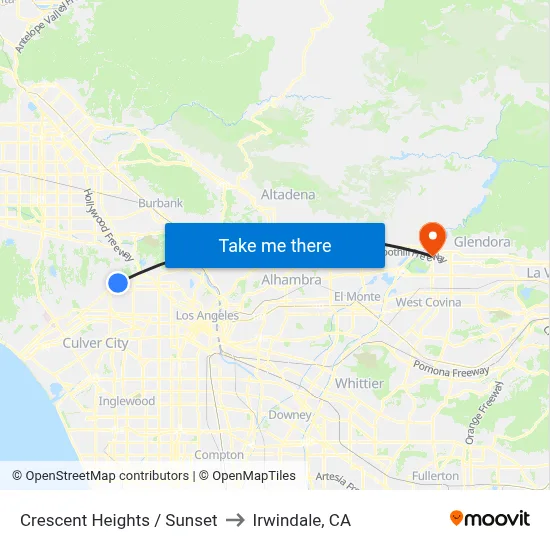 Crescent Heights / Sunset to Irwindale, CA map