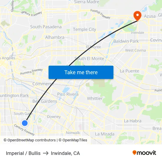 Imperial / Bullis to Irwindale, CA map