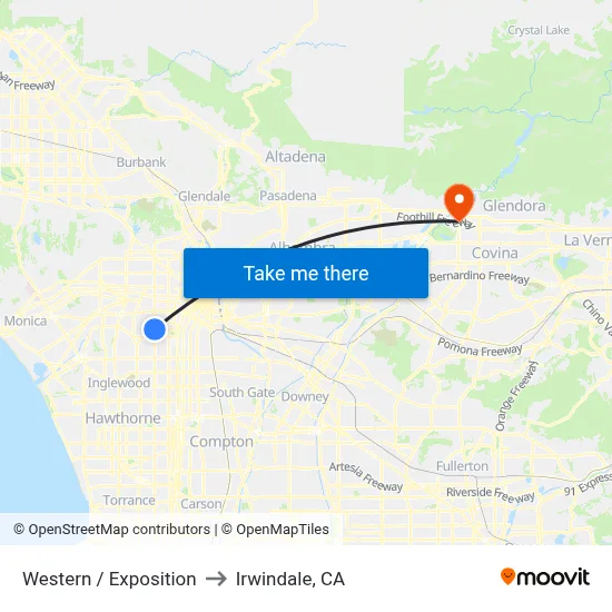 Western / Exposition to Irwindale, CA map