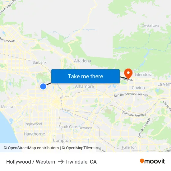 Hollywood / Western to Irwindale, CA map