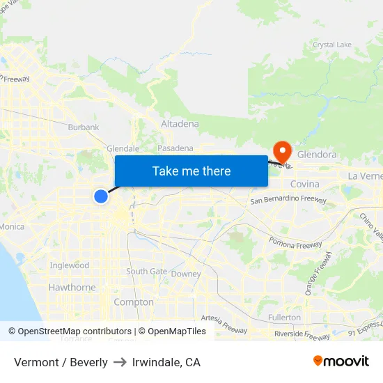 Vermont / Beverly to Irwindale, CA map