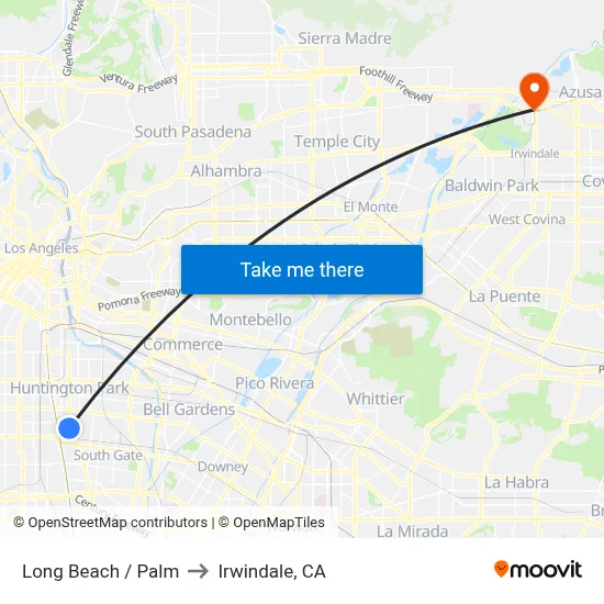 Long Beach / Palm to Irwindale, CA map