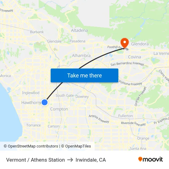 Vermont / Athens Station to Irwindale, CA map