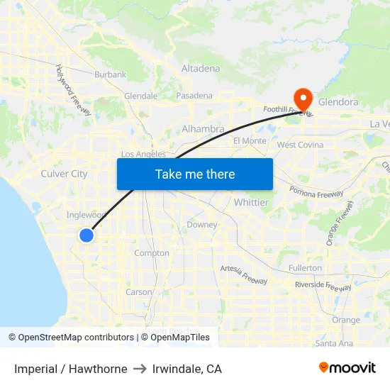 Imperial / Hawthorne to Irwindale, CA map