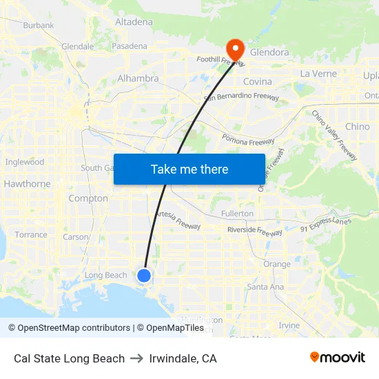 Cal State Long Beach to Irwindale, CA map