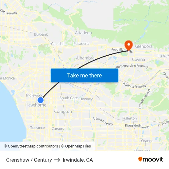 Crenshaw / Century to Irwindale, CA map