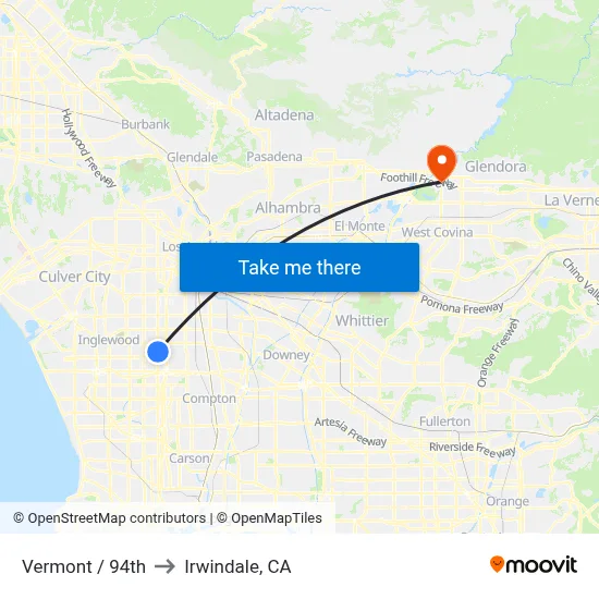 Vermont / 94th to Irwindale, CA map
