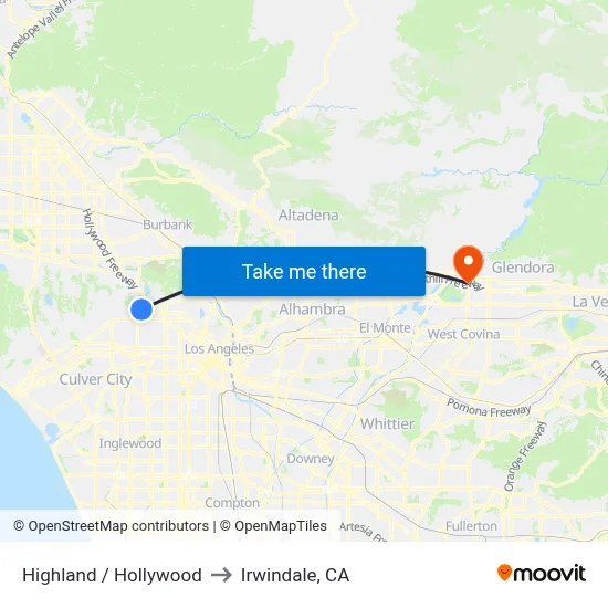 Highland / Hollywood to Irwindale, CA map