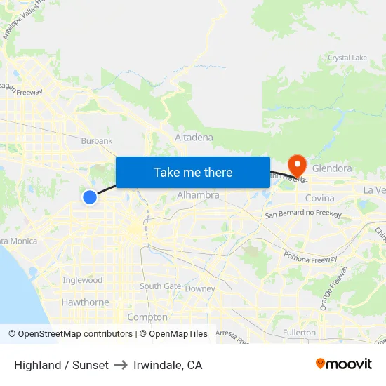 Highland / Sunset to Irwindale, CA map