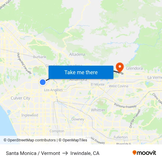 Santa Monica / Vermont to Irwindale, CA map