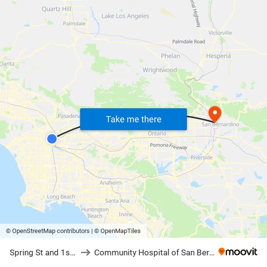 Spring St and 1st St E to Community Hospital of San Bernardino map