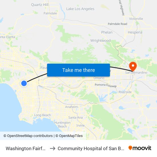 Washington Fairfax Hub to Community Hospital of San Bernardino map