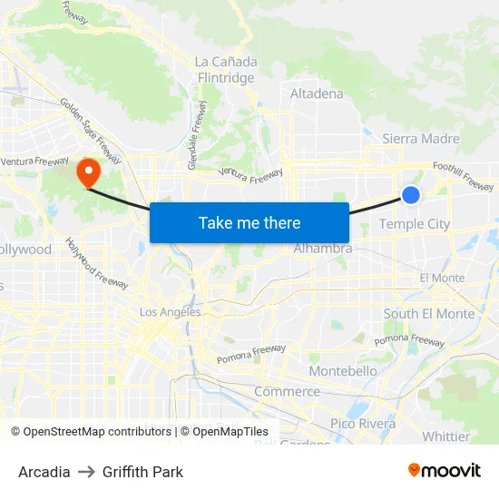 Arcadia to Griffith Park map
