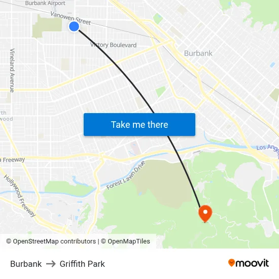 Burbank to Griffith Park map