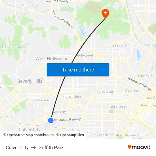 Culver City to Griffith Park map