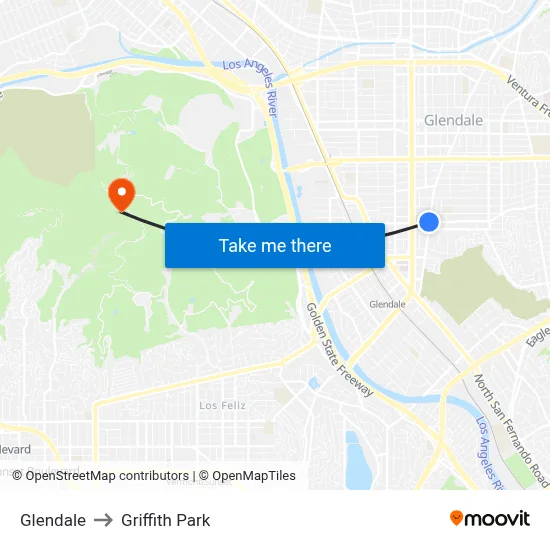 Glendale to Griffith Park map