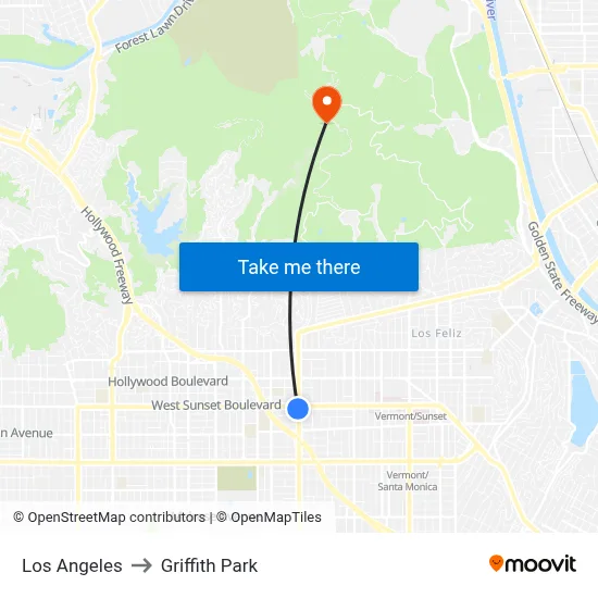 Los Angeles to Griffith Park map
