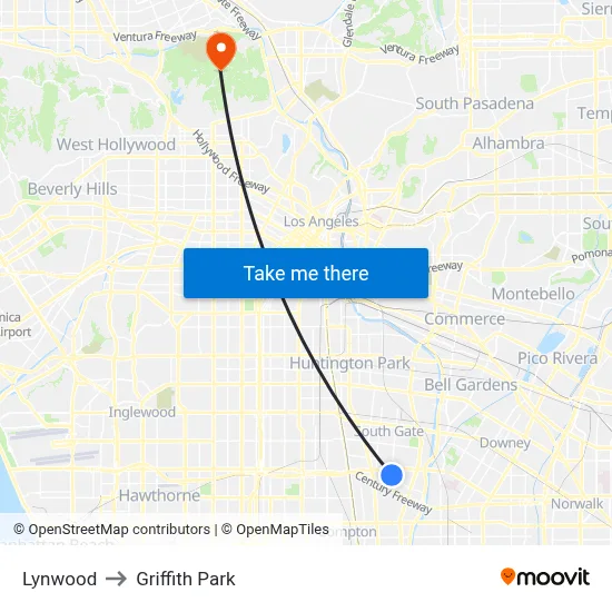 Lynwood to Griffith Park map